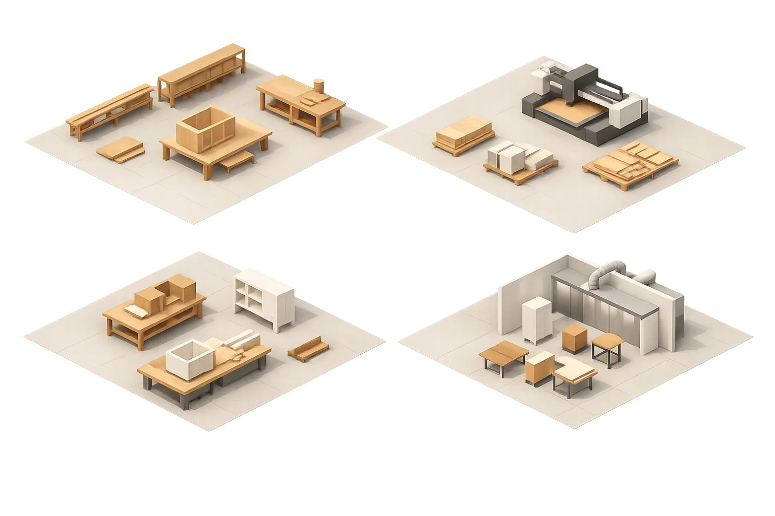 Werkstattbereiche: Bankraum, CNC, Montage, Lackierung